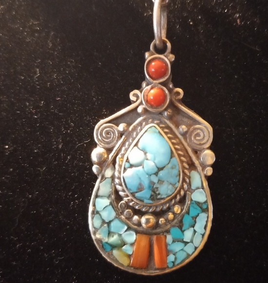 Vintage Native 18 inch Sterling Silver Turquoise, Coral...